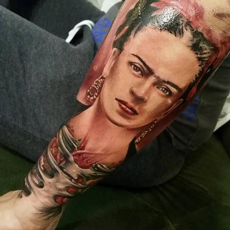 tattoos/ - Frida Kalho realism, realistic, skeleton, flowers, forearm Yorick Tattoo - 130905